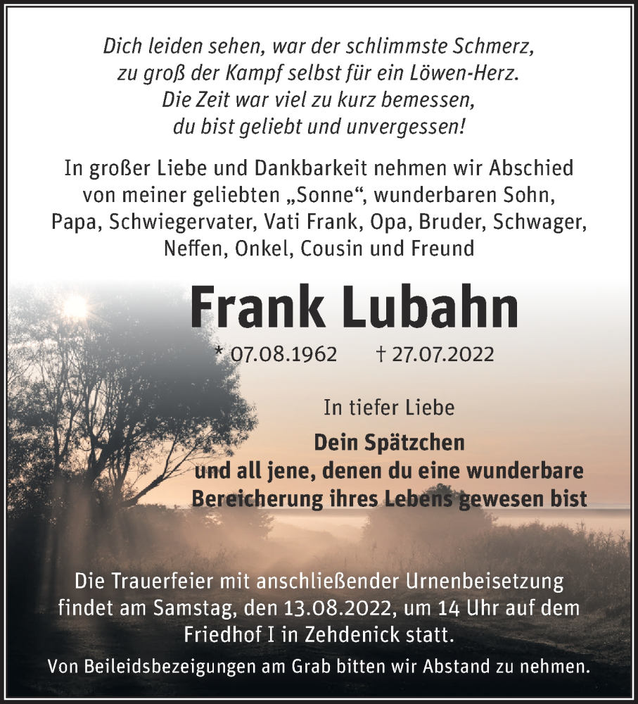  Traueranzeige für Frank Lubahn vom 06.08.2022 aus Märkische Oderzeitung