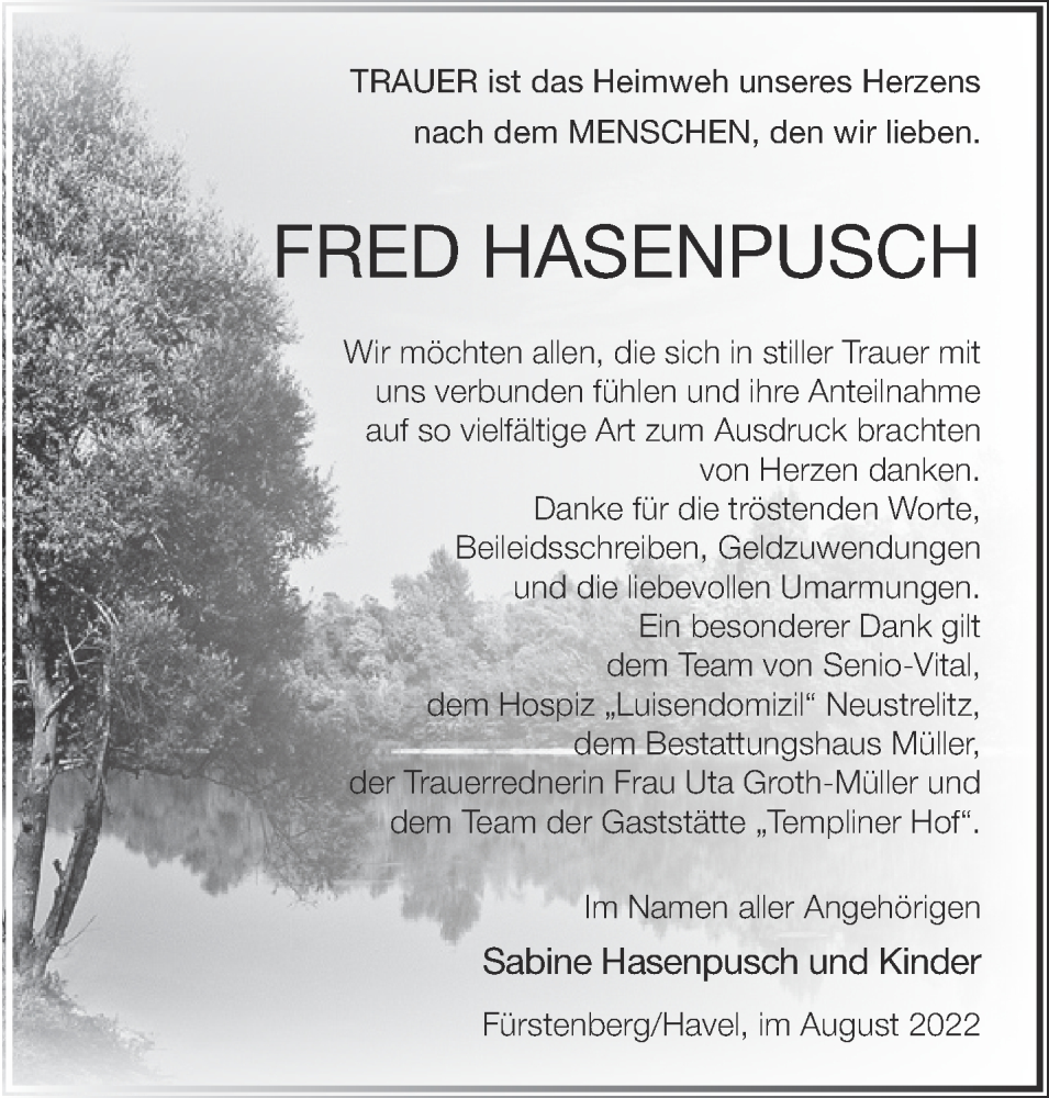  Traueranzeige für Fred Hasenpusch vom 18.08.2022 aus Märkische Oderzeitung
