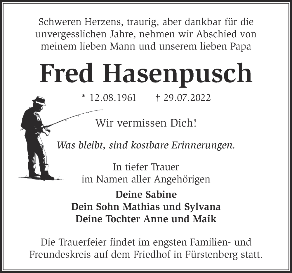 Traueranzeige für Fred Hasenpusch vom 04.08.2022 aus Märkische Oderzeitung