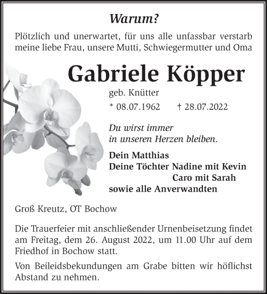 Traueranzeige von Gabriele Köpper von Märkische Oderzeitung