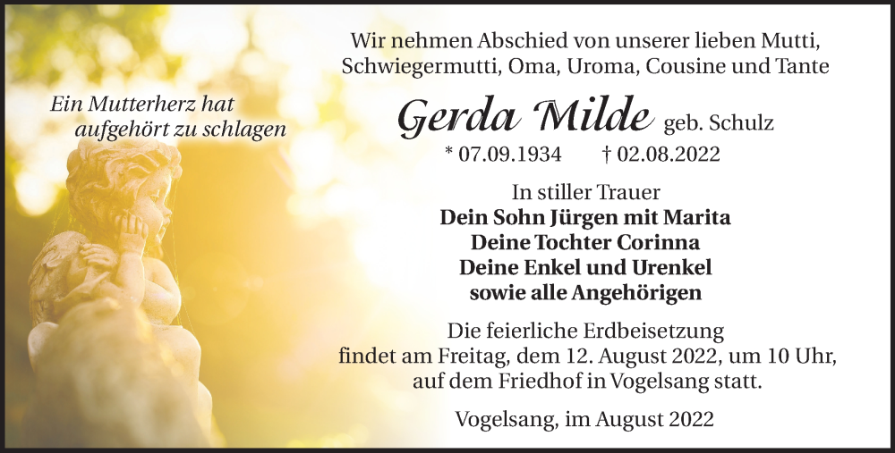  Traueranzeige für Gerda Milde vom 06.08.2022 aus Märkische Oderzeitung