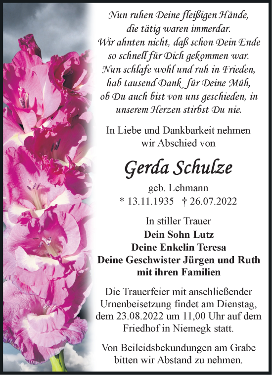 Traueranzeige von Gerda Schulze von Märkische Oderzeitung