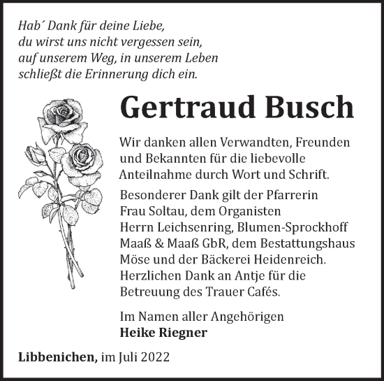 Traueranzeige von Gertraud Busch von Märkische Oderzeitung