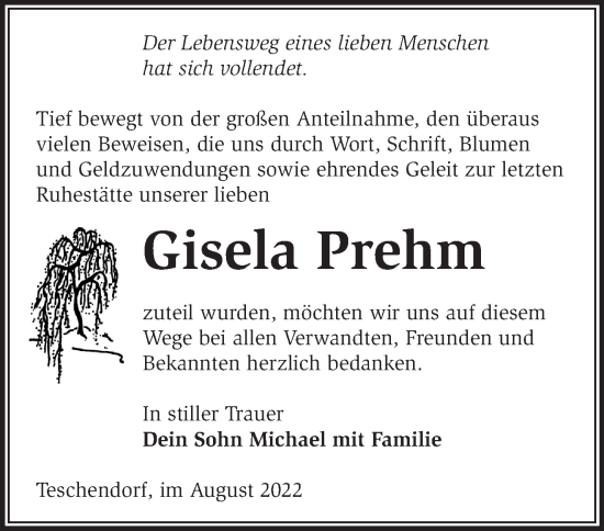 Traueranzeige von Gisela Prehm von Märkische Oderzeitung