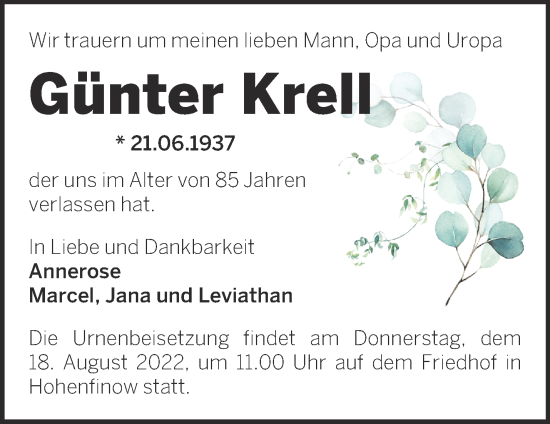 Traueranzeige von Günter Krell von Märkische Oderzeitung