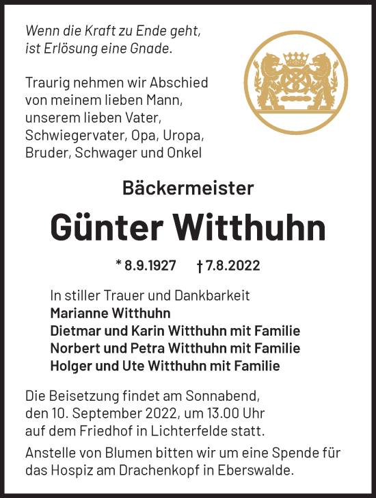 Traueranzeige von Günter Witthuhn von Märkische Oderzeitung