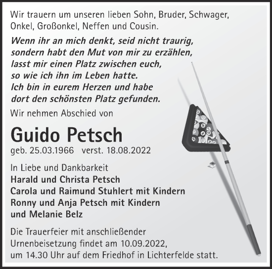 Traueranzeige von Guido Petsch von Märkische Oderzeitung