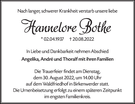 Traueranzeige von Hannelore Bothe von Märkische Oderzeitung