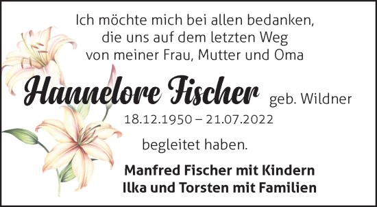 Traueranzeige von Hannelore Fischer von Märkische Oderzeitung