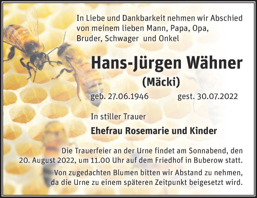  Traueranzeige für Hans-Jürgen Wähner vom 13.08.2022 aus Märkische Oderzeitung