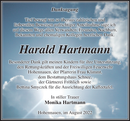 Traueranzeige von Harald Hartmann von Märkische Oderzeitung