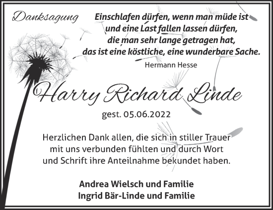 Traueranzeige von Harry Richard Linde von Märkische Oderzeitung