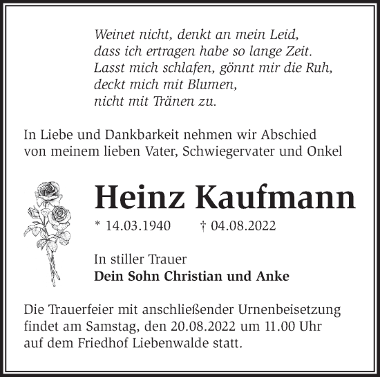 Traueranzeige von Heinz Kaufmann von Märkische Oderzeitung