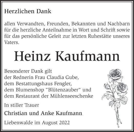 Traueranzeige von Heinz Kaufmann von Märkische Oderzeitung