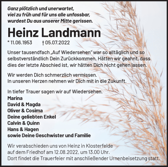 Traueranzeige von Heinz Landmann von Märkische Oderzeitung