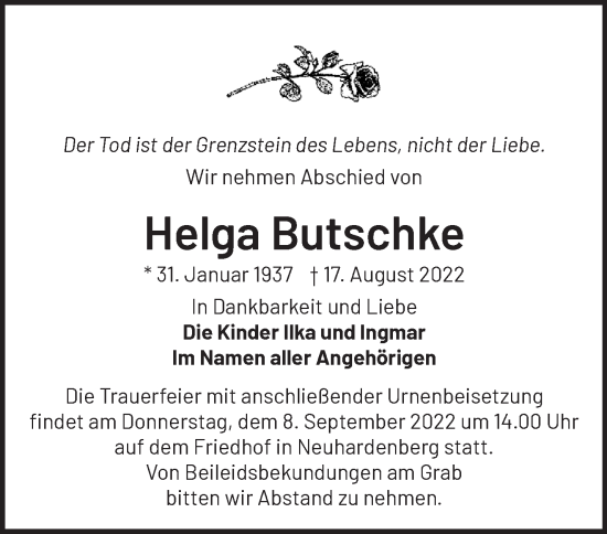 Traueranzeige von Helga Butschke von Märkische Oderzeitung