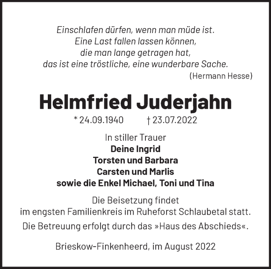 Traueranzeige von Helmfried Juderjahn von Märkische Oderzeitung