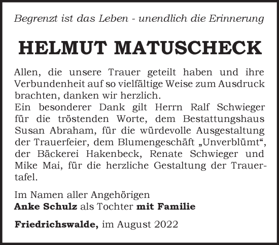 Traueranzeige von Helmut Matuscheck von Märkische Oderzeitung