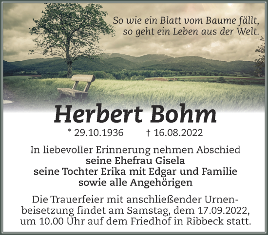 Traueranzeige von Herbert Bohm von Märkische Oderzeitung