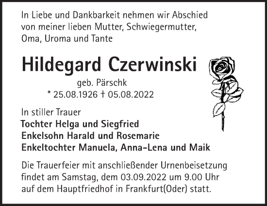 Traueranzeige von Hildegard Czerwinski von Märkische Oderzeitung