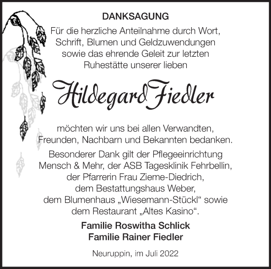 Traueranzeige von Hildegard Fiedler von Märkische Oderzeitung