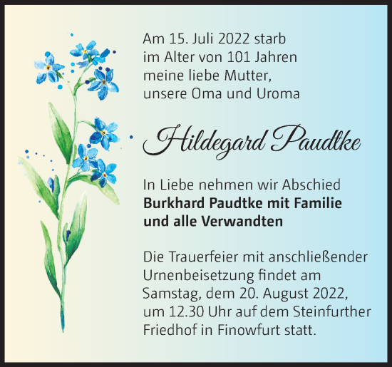 Traueranzeige von Hildegard Paudtke von Märkische Oderzeitung