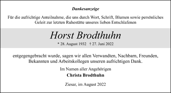 Traueranzeige von Horst Brodthuhn von Märkische Oderzeitung