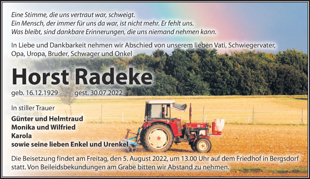  Traueranzeige für Horst Radeke vom 03.08.2022 aus Märkische Oderzeitung