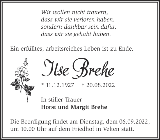 Traueranzeige von Ilse Brehe von Märkische Oderzeitung