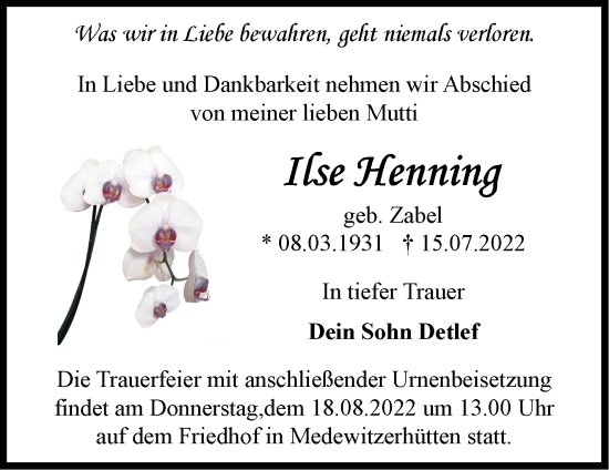 Traueranzeige von Ilse Henning von Märkische Oderzeitung