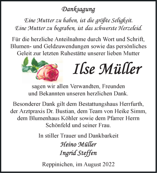 Traueranzeige von Ilse Müller von Märkische Oderzeitung