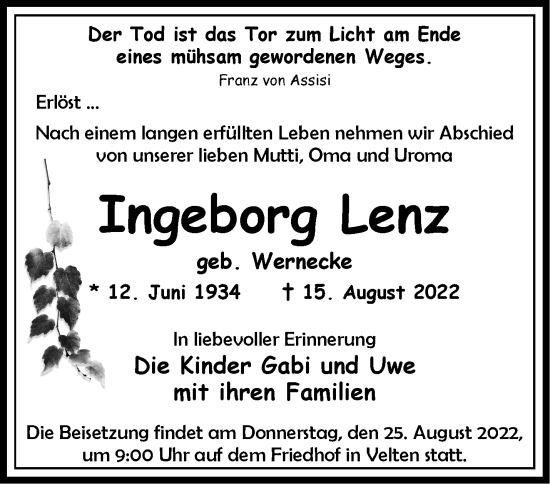 Traueranzeige von Ingeborg Lenz von Märkische Oderzeitung