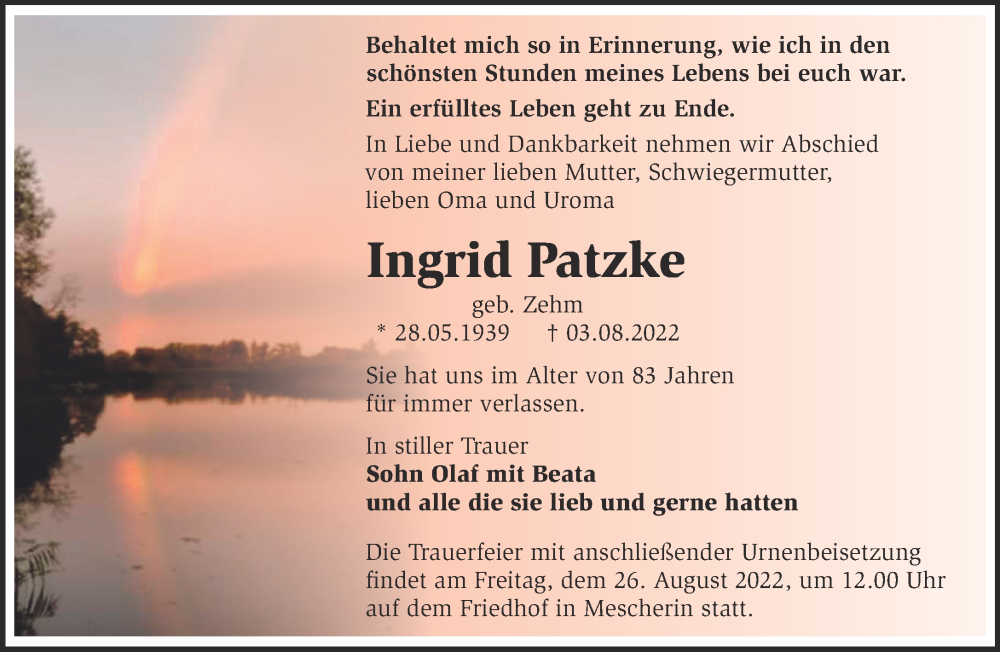  Traueranzeige für Ingrid Patzke vom 06.08.2022 aus Märkische Oderzeitung