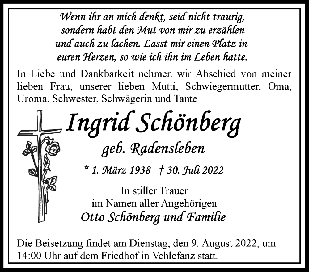  Traueranzeige für Ingrid Schönberg vom 03.08.2022 aus Märkische Oderzeitung