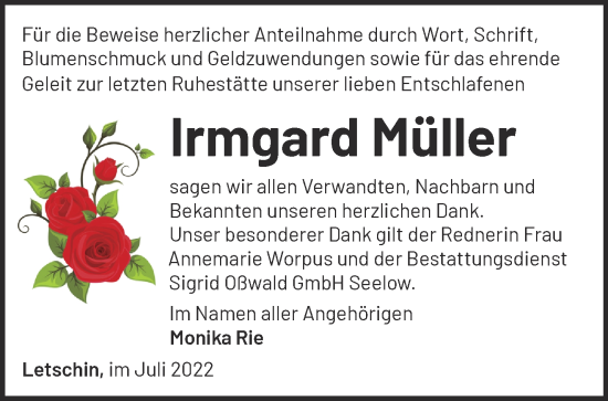 Traueranzeige von Irmgard Müller von Märkische Oderzeitung