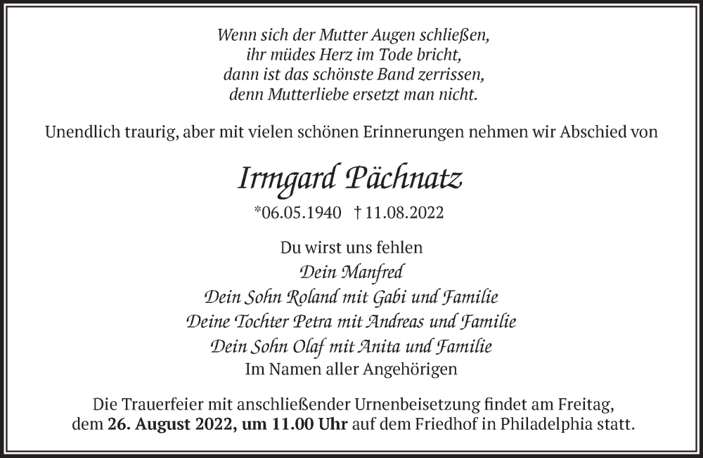  Traueranzeige für Irmgard Pächnatz vom 18.08.2022 aus Märkische Oderzeitung