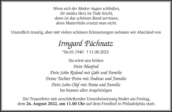 Anzeige Irmgard Pächnatz