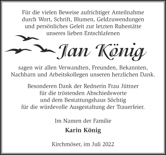 Traueranzeige von Jan König von Märkische Oderzeitung