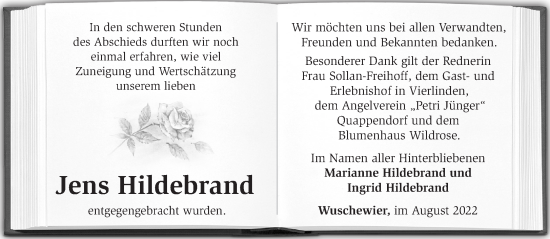 Traueranzeige von Jens Hildebrand von Märkische Oderzeitung