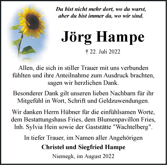 Traueranzeige von Jörg Hampe von Märkische Oderzeitung