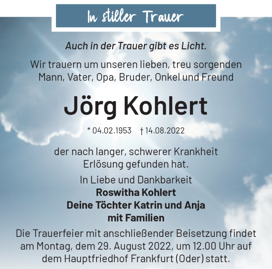 Traueranzeige von Jörg Kohlert von Märkische Oderzeitung