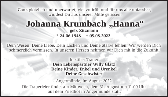 Traueranzeige von Johanna Krumbach von Märkische Oderzeitung