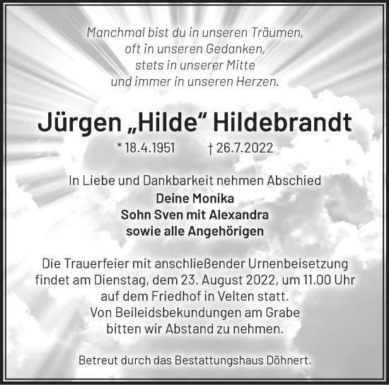 Traueranzeige von Jürgen Hildebrandt von Märkische Oderzeitung