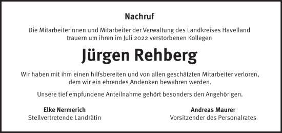 Traueranzeige von Jürgen Rehberg von Märkische Oderzeitung