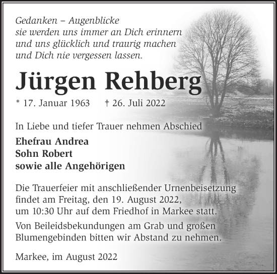 Traueranzeige von Jürgen Rehberg von Märkische Oderzeitung