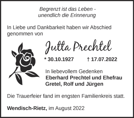 Traueranzeige von Jutta Prechtel von Märkische Oderzeitung