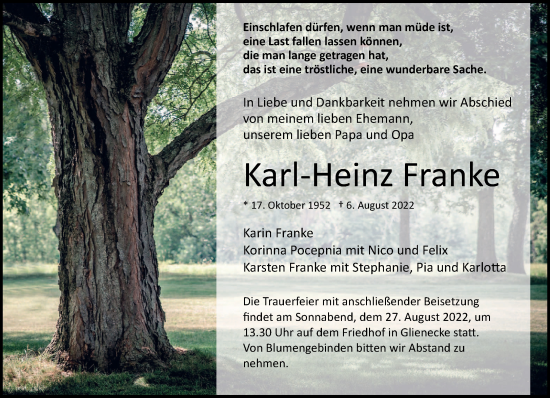 Traueranzeige von Karl-Heinz Franke von Märkische Oderzeitung