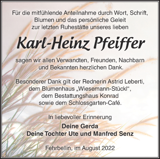 Traueranzeige von Karl-Heinz Pfeiffer von Märkische Oderzeitung