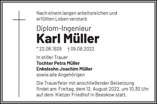 Traueranzeige von Karl Müller von Märkische Oderzeitung