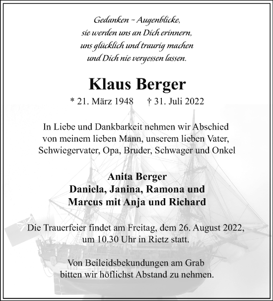 Traueranzeige von Klaus Berger von Märkische Oderzeitung